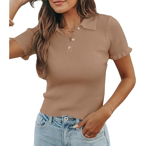 Womens Short Sleeve Sweater Tops V Neck Button Collared Ribbed Knit Pullover Shirt Slim Cropped Spring Blouse Tee Light Brown Cover