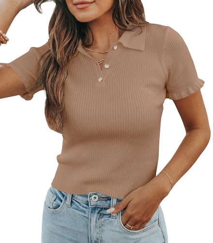 Image of Womens Short Sleeve Sweater Tops V Neck Button Collared Ribbed Knit Pullover Shirt Slim Cropped Fall Blouse Tee