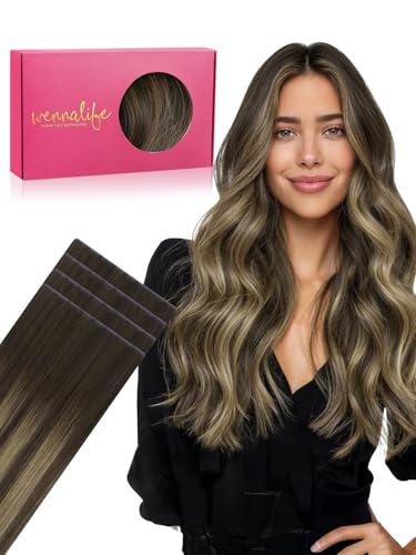 Image of WENNALIFE Invisi Edge 8cm Tape in Hair Extensions Human Hair | 20 Inch 20g 4pcs Balayage Chocolate Brown to Caramel Blonde Invisi Remy Tape Ins Straight Reusable tensiones