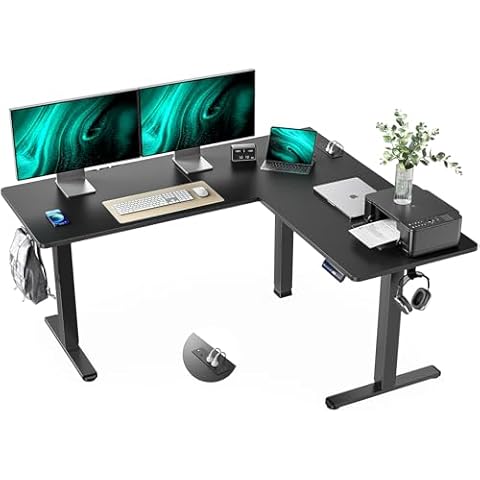 Marsail Standing Desk Adjustable Height with 4-in 1 Electical Outlet, L Shaped Electric Standing Desk with Headphone Hook, Stand up Desk for Home Office Sturdy Writing Workstation, Black Cover