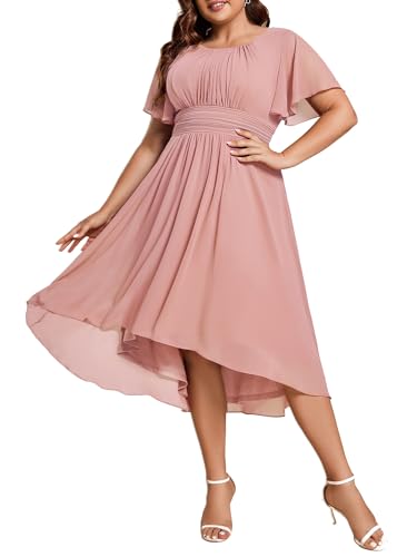 Image of Ever-Pretty Women's Plus Size Formal Wedding Guest Dresses for Curvy Women A Line Chiffon Midi High Low Cocktail Dress