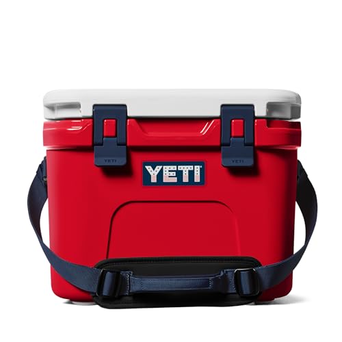 Cooler in a red, white, and blue patriotic pattern with a shoulder strap and rope handle