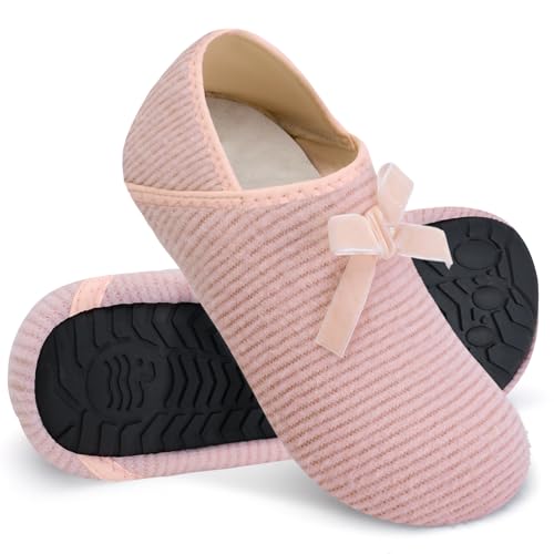 Image of WateLves Womens & Mens Lightweight Cozy Faux Furry House Slippers - Rubber Sole Slip On Sock Shoes - Foldable Travel Slippers - Indoor & Outdoor