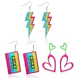 JATEBI 3 Pairs Carnival Earrings, Lightning Bolt Dangle Earring Neon Heart Earrings for Women Retro 80s Glow Party Accessories Neon Jewelry Outfits Costume Accessories