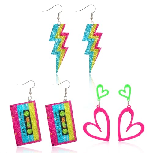 JATEBI 3 Pairs Carnival Earrings, Lightning Bolt Dangle Earring Neon Heart Earrings for Women Retro 80s Glow Party Accessories Neon Jewelry Outfits Costume Accessories