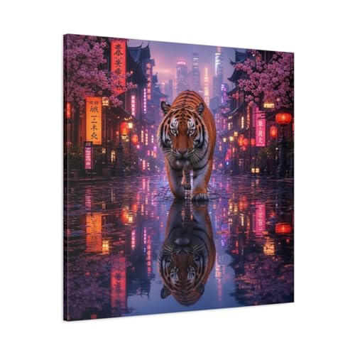 Tableau tigre rose fluo pour raviver un mur blanc de salon de 80cm