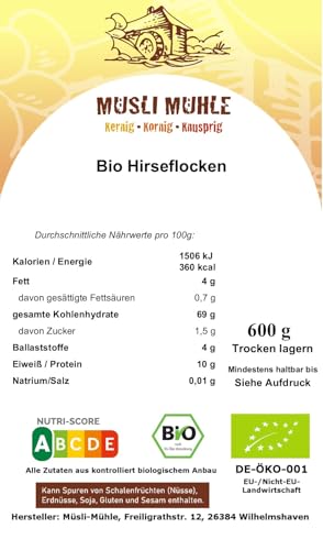 Müsli Mühle Bio Hirseflocken | Glutenfrei, zuckerarm & reich an Nährstoffen | Ideal für Müslis, Breie & Backwaren | 100% Bio & nachhaltig und in Deutschland abgefüllt | 1000 g