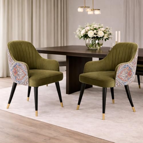 Image of Velvet Accent Chair | Modern Upholstered Dining Chair for Living Room, Office, Lounge & Vanity | Sturdy & Stylish Armchair (Floral, Olive Brown)