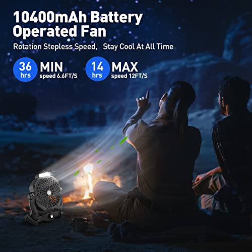 Portable Fan,10400Mah Rechargeable Fan Battery Operated Fan,Quiet And Adjustable Head Tent Fan With Light And Hook,Small Usb Camping Fan For Tents Outdoor Activities Travel Beach Bbq Hurricane(Black) #TOP1
