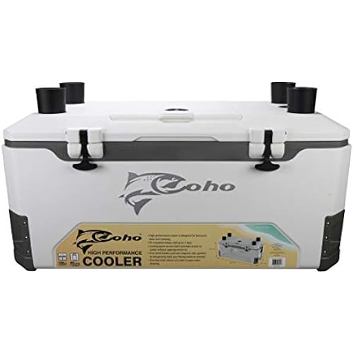COHO 165QT Insulated Hard Cooler with Fish Ruler, Removable Cup Holders, Magnetic Disc & Tie-Down Loops, Ice Chest for Camping, Boating & Outdoor Use, Keeps Ice Up to 7 Days