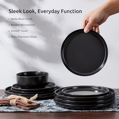 E-far Stoneware Dinnerware Sets for 4, 12-Piece Plates and Bowls Set, Modern Ceramic Dishes Dinning Ware, Microwave & Dishwasher Safe - Matte Black by E-far - Image 4