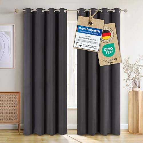 Blumtal Verdunklungsvorhänge 2er Set - Thermovorhang Hitzeschutz - Vorhang blickdicht mit Ösen - Gardinenschals mit Schlaufen - Thermogardine-Gardinen 160x132cm - Thermovorhang gegen Kälte - Anthrazit