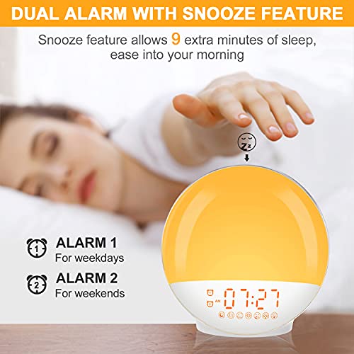 Sunrise Alarm Clock, Wake Up Light with Sunrise Simulation, Dual Alarms with FM Radio, 7 Nature Sounds & Snooze, 7 Colors Night Light, Sleep Aid Digital Alarm Clock for Bedroom Heavy Sleepers Kids