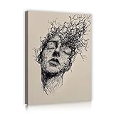 Moderne Kunst-Leinwand-Drucke Porträt mit zweigähnlichem Haar, Wandkunst, minimalistische Schwarz-Weiß-Wohndekorationen, Wohnzimmergemälde 60x72 cm Innenrahmen