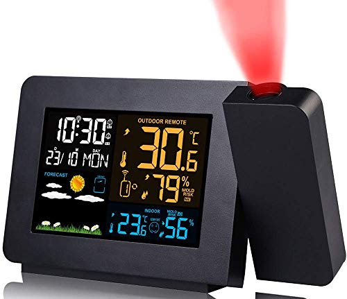 Projektionswecker, Digitaluhrprojektor an der Decke mit Innen- / Außentemperaturanzeige, drahtlose Wetterstation ， Doppelalarme, Schlummer,