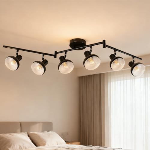 Image of HiBay 6-Light Track Lighting, Directional Rotatable Ceiling Light Fixture, Black Farmhouse Spotlight for Kitchen Living Room Office, E12 Base (Bulbs Not Included)