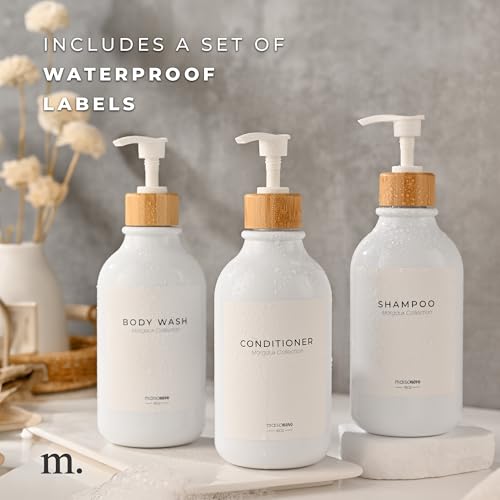 MaisoNovo Shampoo and Conditioner Dispenser Set of 3-500 ml White Shower Soap Dispenser with White Bamboo Pump - Luxury Shampoo Bottles Refillable for Bathroom with Waterproof Labels by MAISONOVO - Image 5