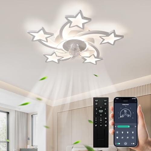 JAYMP 27.6 Inch Modern Stars Ceiling Light with Fan, 6 Speeds with 5 Blades, Remote Control Ceiling Fan White Dimmable LED Lighting Fixture for Dining Room Bedroom Small Living Room