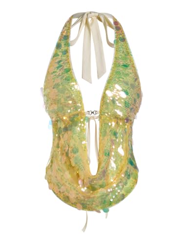 Verdusa Women's Y2K Sequin Cheetah Print Top Halter Going Out Outfits