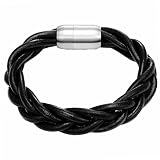 DonDon Herren Lederarmband geflochten schwarz mit gebürstetem Edelstahlmagnetverschluss