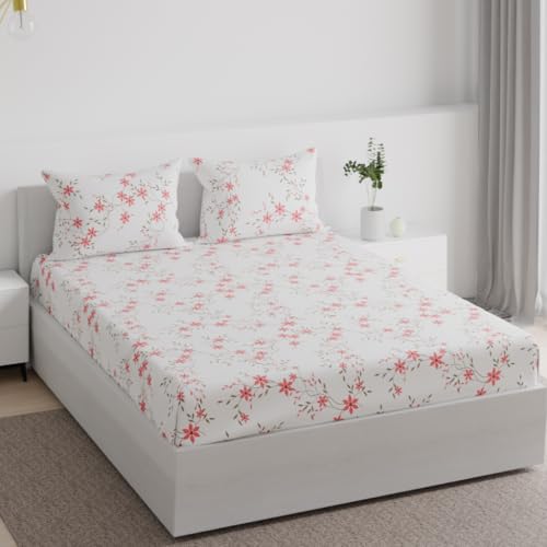 Image of Wakefit 100% Cotton 160 TC Flat Printed Bedsheet, Red Vine King Size (104x104 Inches) / (2.64m*2.64m) with 2 Pillow Covers Red Vine, King