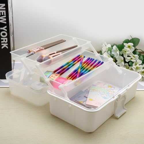 APOMOONS 3-Regal Mehrzweck-Aufbewahrungsbox, Sortierbox Tragbare Nähkasten Angelkoffer Bastelkoffer Organizer Box Bastelbox Toolbox Medizinkoffer mit Griff für Zuhause Schule Büro Weiß 26.5*15.5*13cm