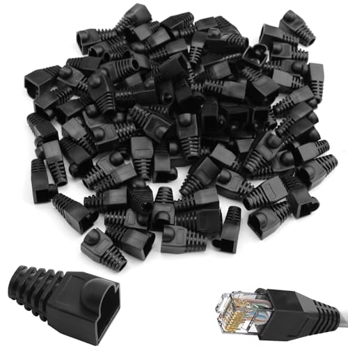 Novstuf RJ 45 Cable Plug Protectors, 100 Pcs Ethernet Cable Connector Boots Cover Soft Plastic RJ45 Boots Network Wire LAN Strain Boots Plug Cover Strain Relief Boots for CAT5 CAT5E CAT6 CAT6E Black
