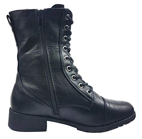 Image of Forever Link Womens Round Toe Military Lace Up Knit Ankle Cuff Low Heel Combat Boots