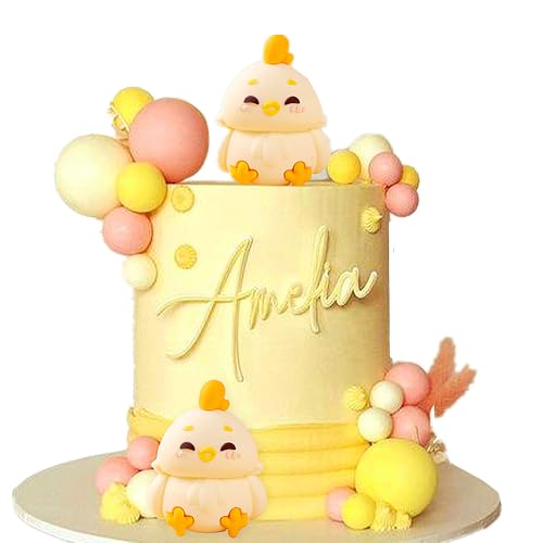 Decoración para tarta de cumpleaños de pollo con bolas rosas, decoración de pastel de pollitos de granja, suministros de fiesta de cumpleaños, púas de pastel para decoración de baby shower temática de
