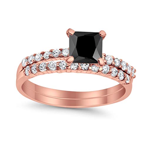 Blue Apple Co. Rose Tone, Simulated Black CZ Size-5 Wedding Engagement Ring Band Bridal Set Princess Cut Round Simulated Cubic Zirconia 925 Sterling Silver