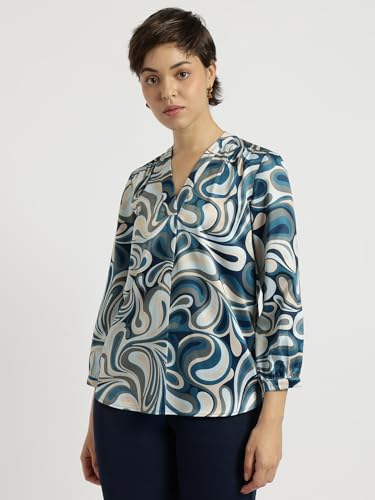 Image of FableStreet Women Formal & Casual Top | V-Neckline with Gathered Back Detail & Three-Quarter Sleeves | Premium Satin Fabric for Office Wear & Sophisticated Outings