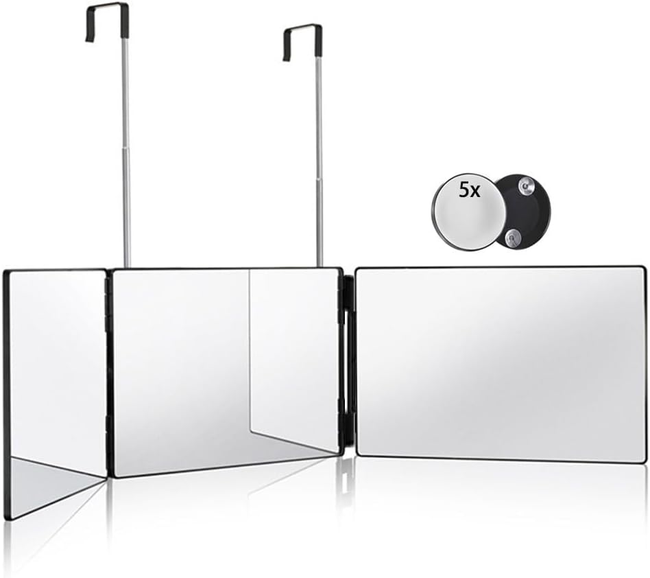 HIEEY 3 Way Mirror for Hair Cutting,360 Trifold Mirror with Height Adjustable Telescoping Hooks,and 5X Magnification,for Makeup, Hair Styling