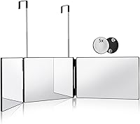 HIEEY 3-Way Trifold Mirror for Self Hair Cutting - 360° View, 5X Magnification, Adjustable Height Hooks, Makeup Styling