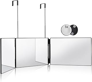 HIEEY 3-Way Trifold Mirror for Self Hair Cutting - 360° View, 5X Magnification, Adjustable Height Hooks, Makeup Styling