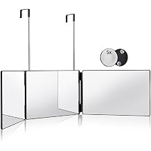 HIEEY 3 Way Mirror for Hair Cutting,360 Trifold Mirror with Height Adjustable Telescoping Hooks,and 5X Magnification Mirror,f