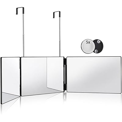 HIEEY 3 Way Mirror for Hair Cutting,360 Trifold Mirror with Height Adjustable Telescoping Hooks,and 5X Magnification,for Makeup, Hair Styling