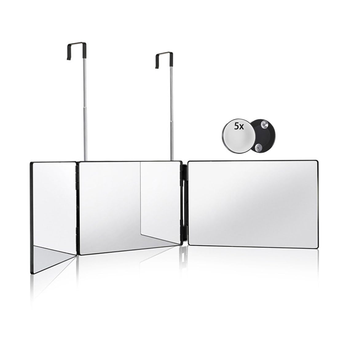 HIEEY 3 Way Mirror for Hair Cutting 360 Trifold Mirror with Height Adjustable Telescoping Hooks and 5X Magnification