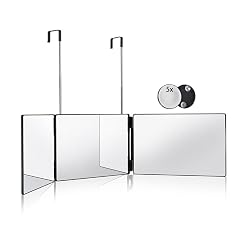 HIEEY 3 Way Mirror for Hair Cutting 360 Trifold Mirror with Height Adjustable Telescoping Hooks and 5X Magnification