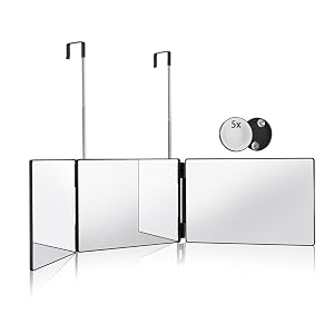 HIEEY 3 Way Mirror for Hair Cutting 360 Trifold Mirror with Height Adjustable Telescoping Hooks and 5X Magnification