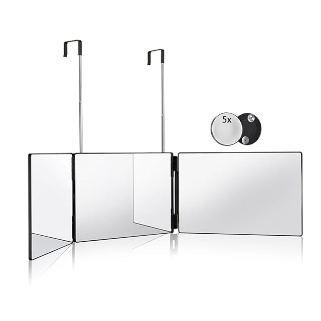 HIEEY 3 Way Mirror for Hair Cutting 360 Trifold Mirror with Height Adjustable Telescoping Hooks and 5X Magnification