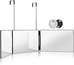 HIEEY 3 Way Mirror for Hair Cutting,360 Trifold Mirror with Height Adjustable Telescoping Hooks,and 5X Magnification,for Makeup, Hair Styling