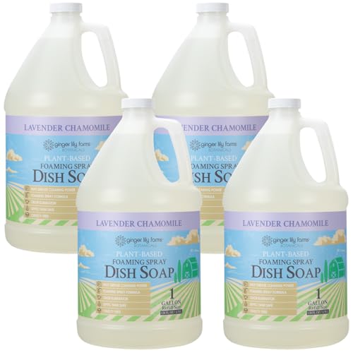 Ginger Lily Farms Botanicals Plant-Based Foaming Spray Dish Soap, Concentrated Formula with Max Grease Cleaning Power, Cruelty-Free, Lavender Chamomile Scent, 1 Gallon (Pack of 4)