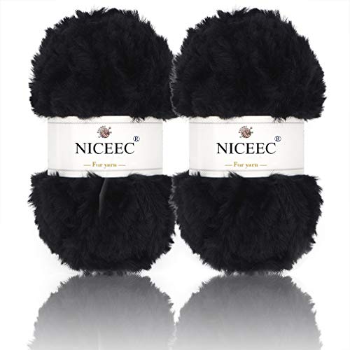 Image of NICEEC 2 Skeins Faux Fur Yarn Super Soft, Chunky & Fluffy, Eyelash Yarn for Crochet & Knitting (Total Length 70yds,3.53oz) - Black