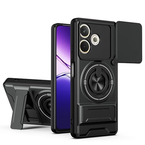 MTRIEBA Compatible with Oppo A5 Pro 5G Phone Case [with Tempered Glass Screen Protector] [2-in-1 Sliding Window - Kickstand Design] Black