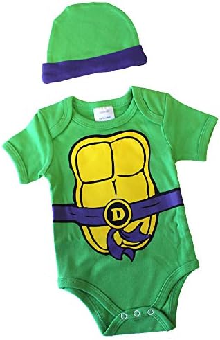 Knitwits "Teeny Mutant Ninja Toddlers“ Onesie and Hat Bundle Outfit Onesie Costume Bundle for Baby Bundle (3-6 Months, Purple Don)