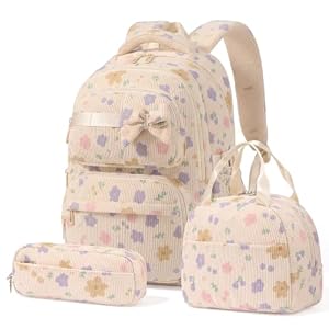 Amythe 3-teilige Schulrucksack Set für Mädchen 3.-7. Klasse 22L Beige