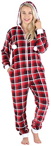 Frankie & Johnny Women's Hooded Fleece Non-Footed Onesie Loungewear Pajamas, Red Plaid, X-Large
