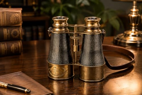 Binoculares marinos antiguos victorianos de latón y cuero miniatura 5