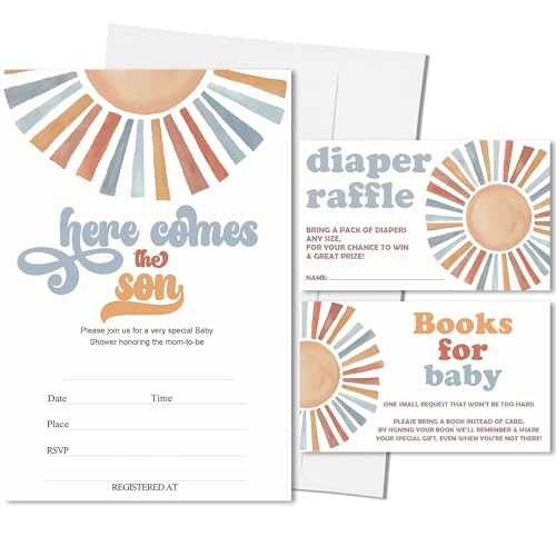 Vodbok 25 Sets Here Comes The Son Baby Shower Invitations,Retro Sunshine Baby Shower Invites With Envelopes,Book Request Cards,Diaper Raffle Tickets,Gender Reveal Party Decorations & Supplies-A03
