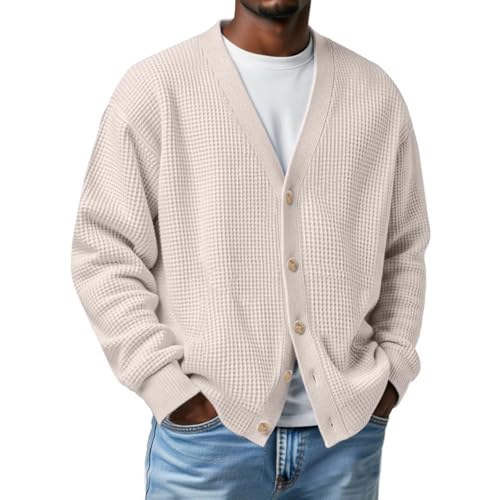Cárdigan manga larga con botones y textura de gofre chaqueta ligera de punto crema 3XL